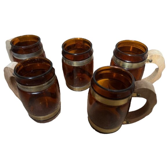 Vintage 1960s Siesta Ware Amber Glass Barrel Mugs Set Of 5 With Wooden Handles & - Picture 6 of 10